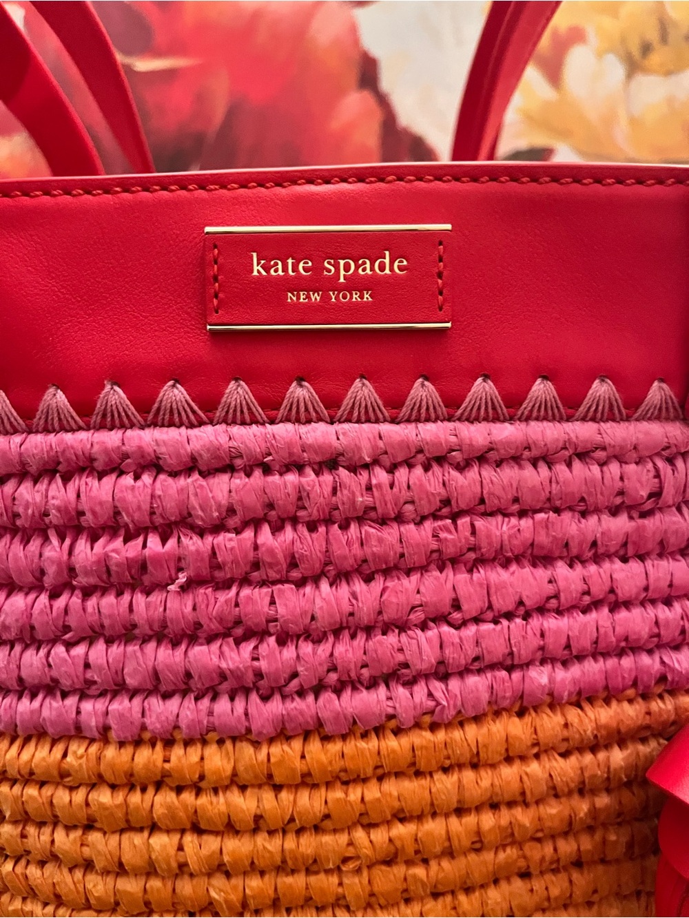 Kate Spade Pier Striped Straw Medium Tote in Pink, Orange & Yellow w/Tassel - Picture 5 of 17